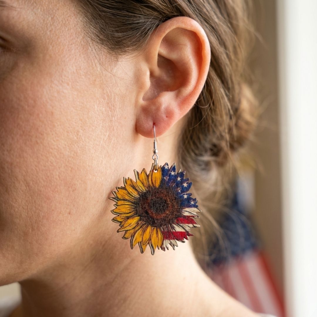 Wooden American Sunflower Earrings