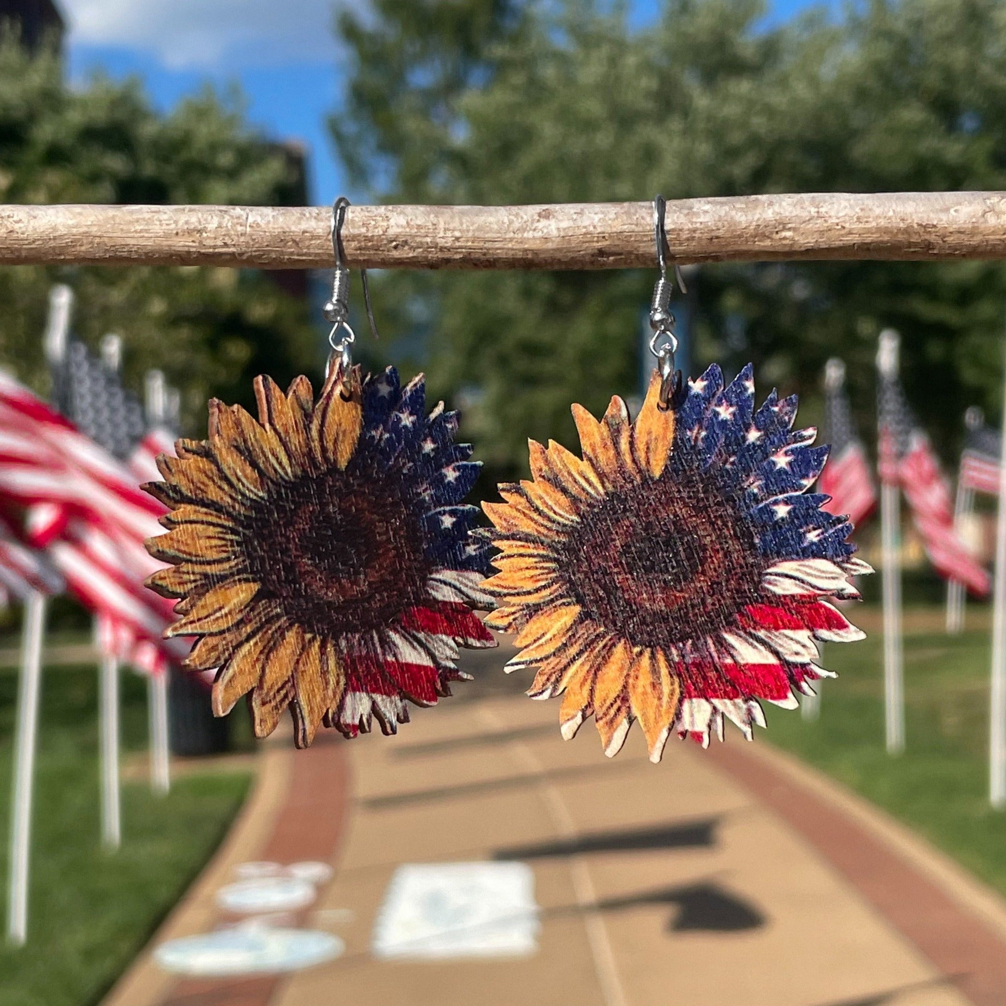 Wooden American Sunflower Earrings