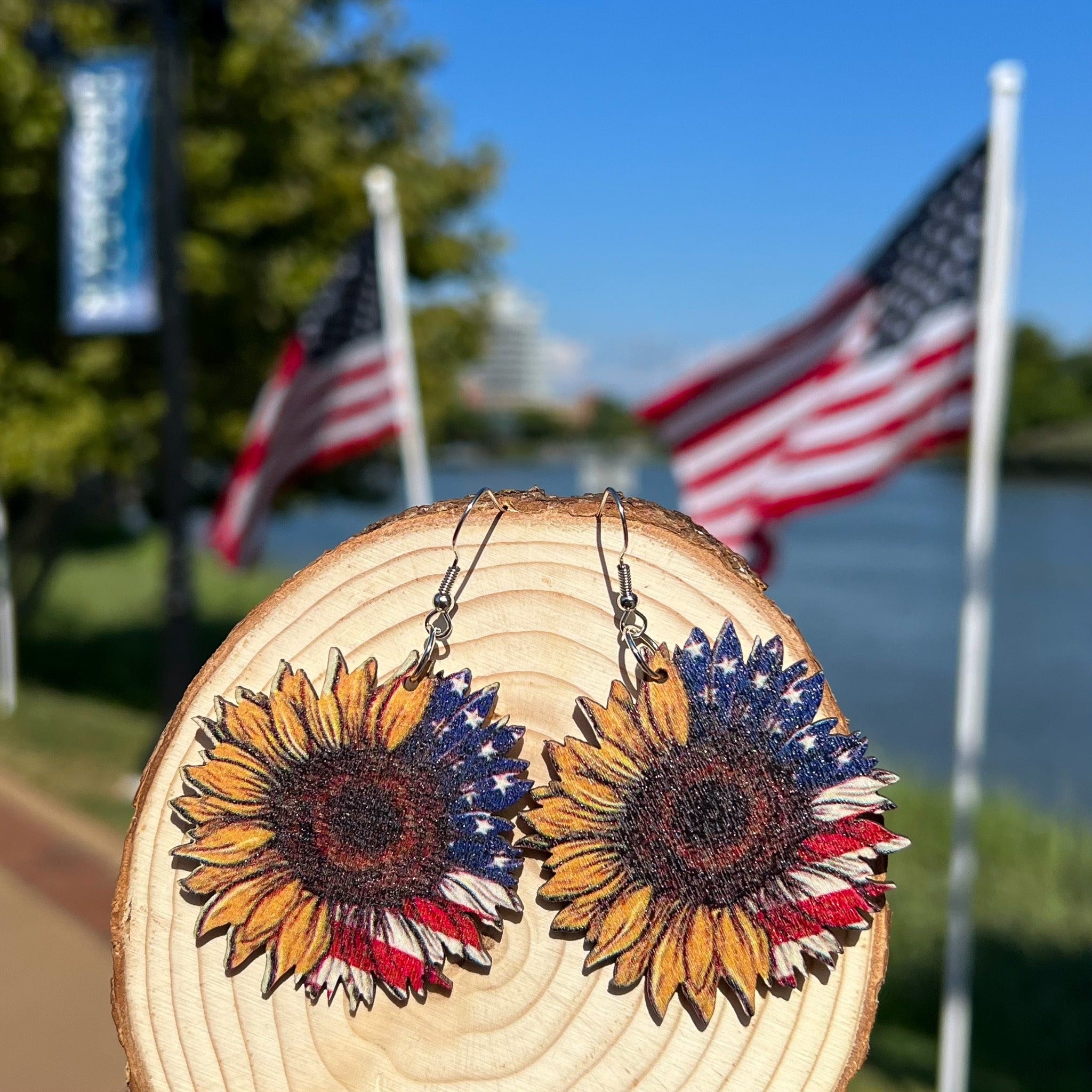 Wooden American Sunflower Earrings